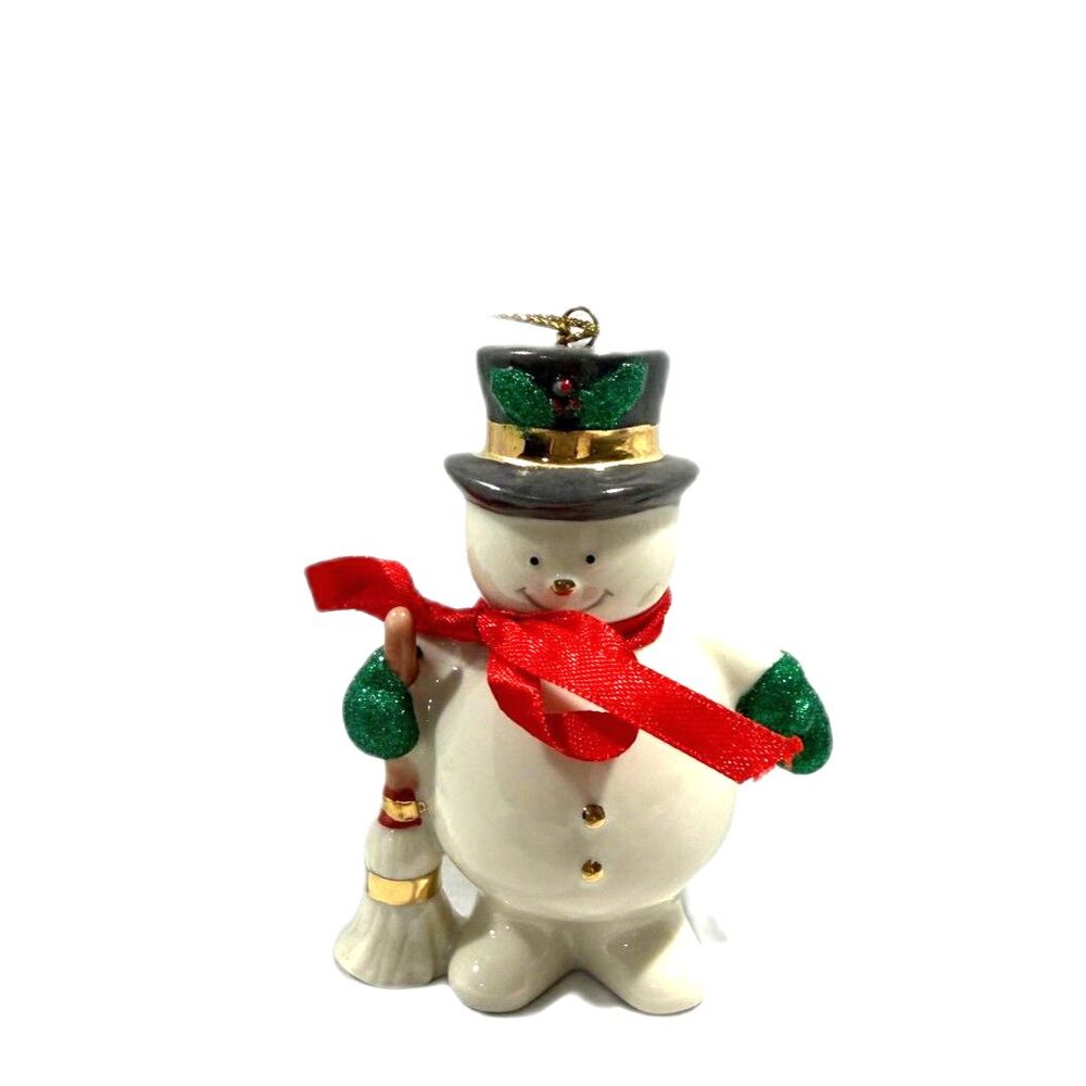 VTG Lenox Ivory Porcelain Sweepy Snowman Ornament Broom Red Scarf Gold Accent